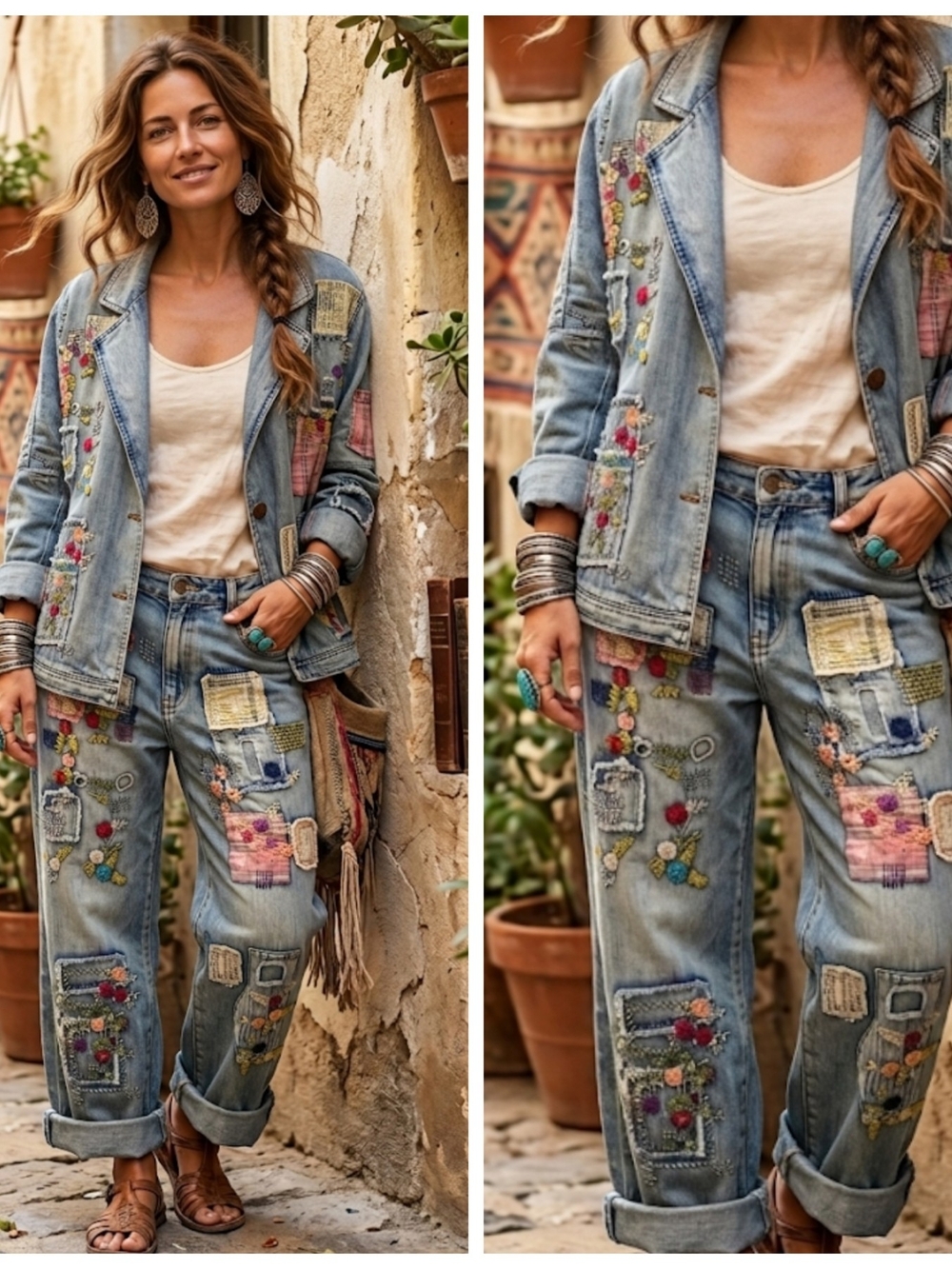 Boutique Embroidered Patchwork Vintage Wash Jeans